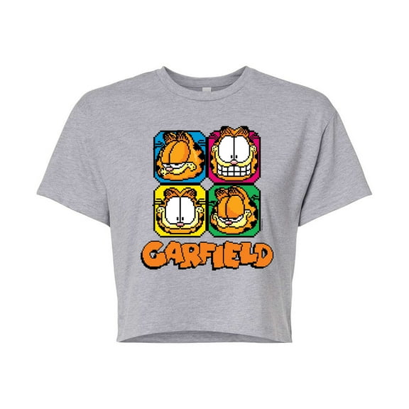 Garfield - Garfield Pixel Faces - Juniors Cropped Cotton Blend T-Shirt