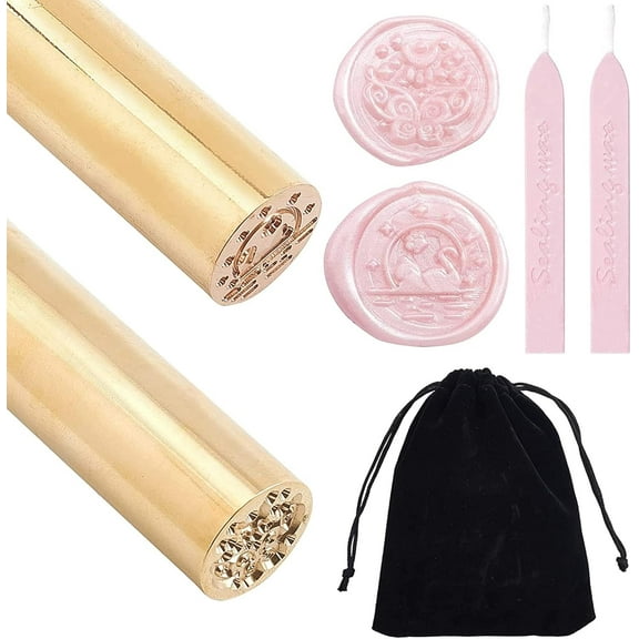 Wax Seal Stamp Kit 2PCS Pink Sealing Wax Sticks with Wicks   2PCS 15mm Mini Brass Stamp Gun Wax Seal with Cat & Butterfly Pattern  1 Velvet Pouch for Wedding Invitations
