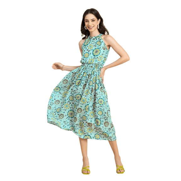 Moomaya Womens Printed Smocked Dress, Halter Neck Sleeveless Midi Gown