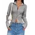 thumbnail image 2 of Camisa Corta A Rayas con Botones y Larga Ajustada para Mujer, Blusa de Trabajo Gris M, 2 of 10
