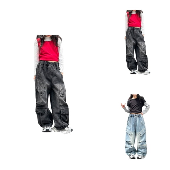 Girls Cargo Jeans – Baggy Vintage Washed Streetwear with Multi Pockets for Big Kids & Tweens, Fall Hop Dance Trousers