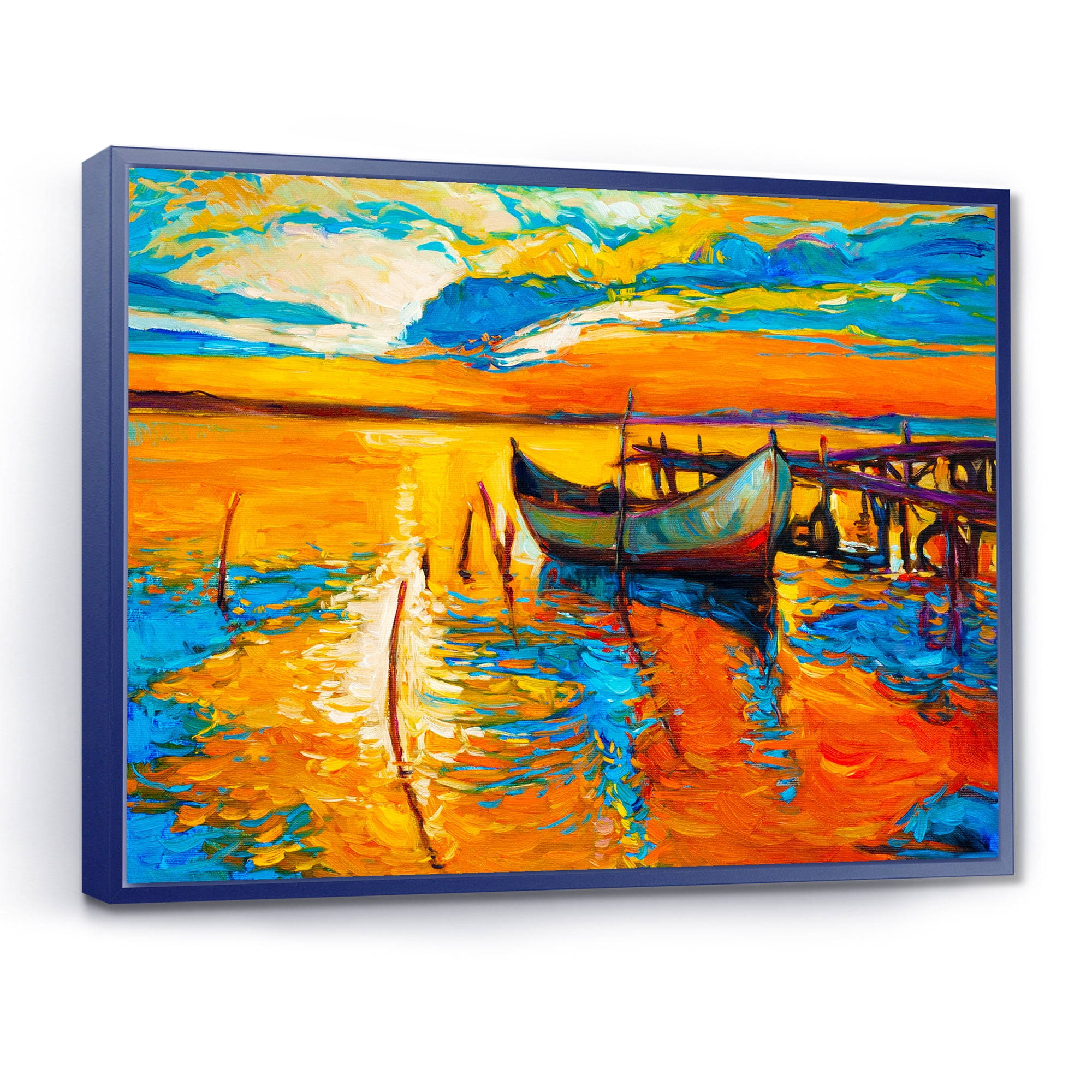 Designart 'Boat At The Lake During Evening Glow VII' Nautical & Coastal Framed Canvas Wall Art Print