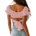 thumbnail image 2 of outfmvch crop tops for women ruffle short sleeve tie up back crop off shoulder womens tops crop tops pink, 2 of 8