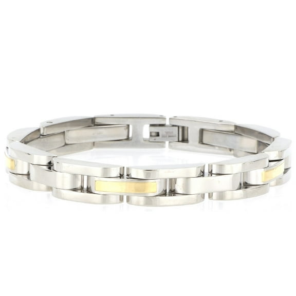 Jewelry Stainless Steel Panther Link Bracelet with Solid 14K Diamond Cut Gold Bar Polished finish