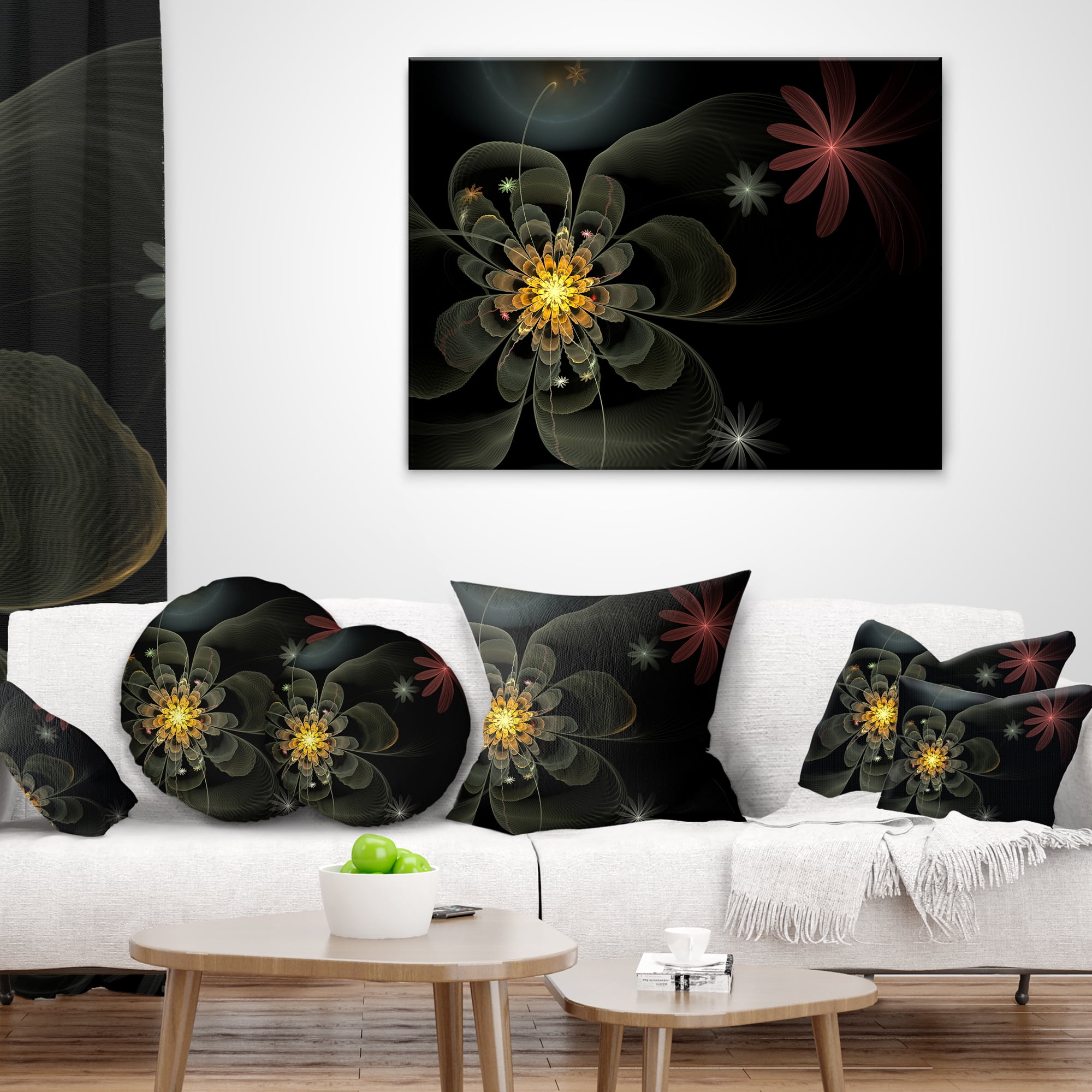 Designart Yellow Small Fractal Flower in Black - Floral Throw Pillow - 12x20