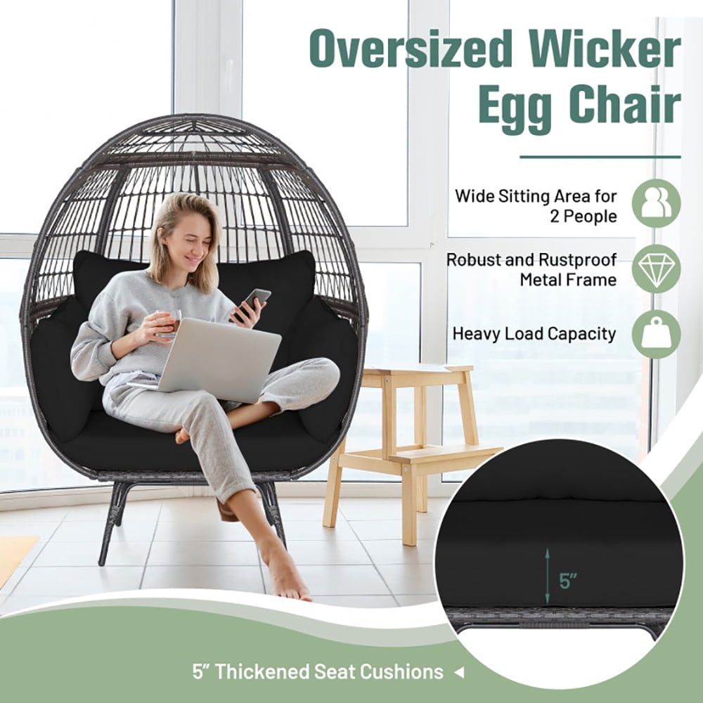 Aimee Lii Oversized Indoor Wicker Egg Chair with Sturdy Metal Frame for Patio, Indoor Outdoor Patio Loungers, Black