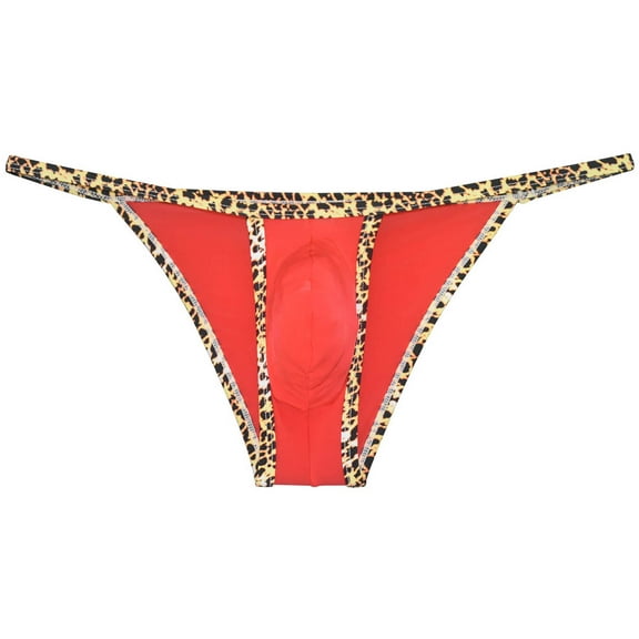 Botmois Men's Leopard Bordered Ice Silk Bikini G-String Underwear Sexy Lingerie Posing Jockstrap Hipster Thong Stretchy Soft Fabric Red M