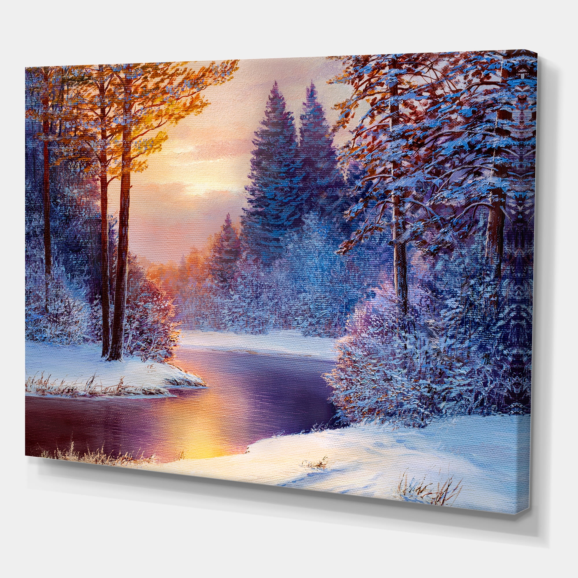 Dark Blue Silhouettes of Trees With Winding River 12 in x 8 in Painting Canvas Art Print, by Designart
