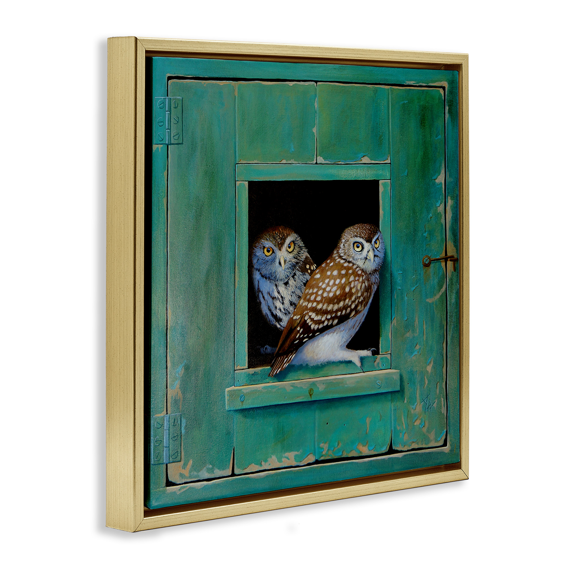 Stupell Industries Spotted Owls Perched Ledge Animals & Insects Painting Gold Floater Framed Canvas Art Print Wall Art, 18 x 18