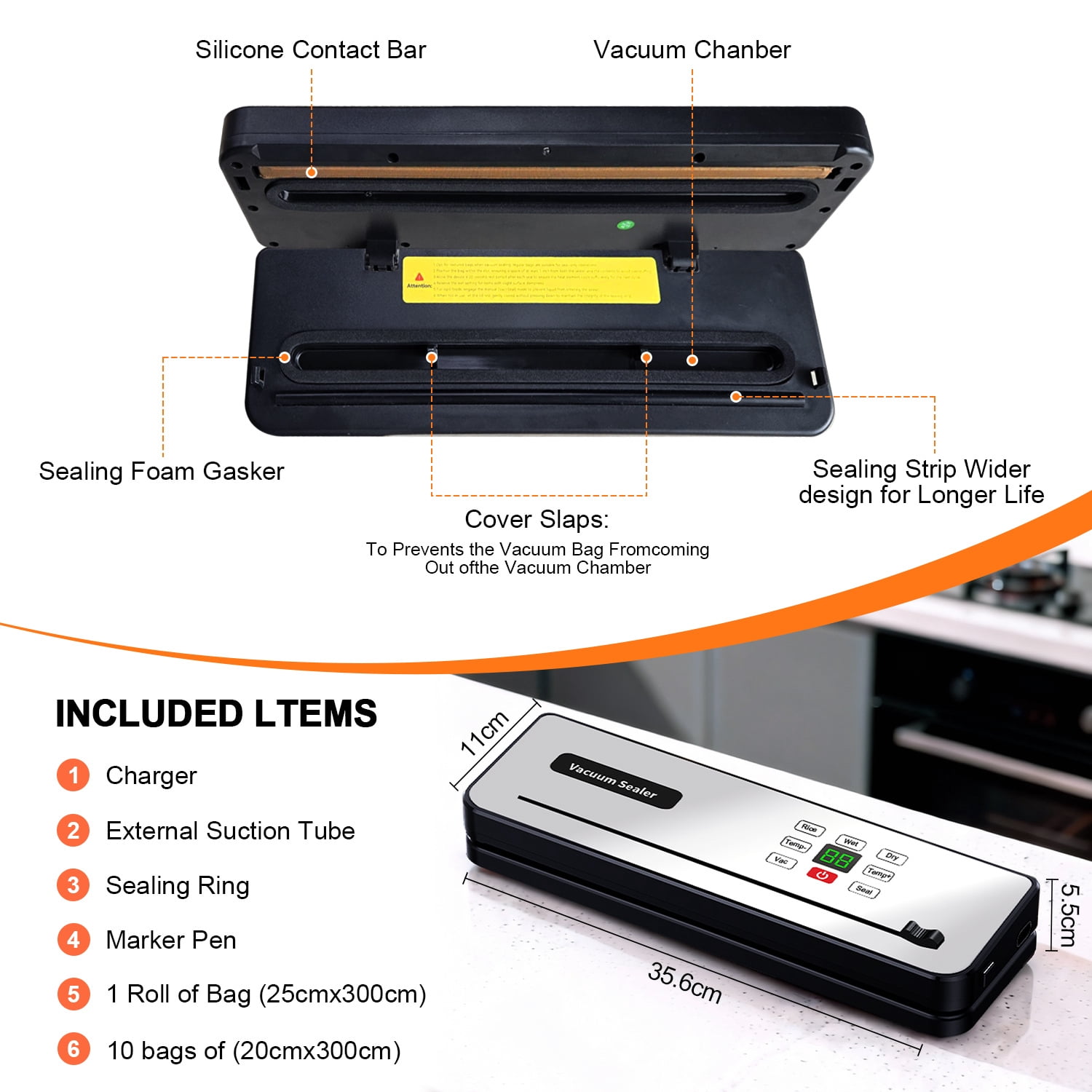 Food Vacuum Sealer Machine with Food Vacuum Sealer Bags, Automatic Food Sealer with Dry & Moist Food Modes, UV Lights, Charging and Plug-in,Compact Design for Food Storage