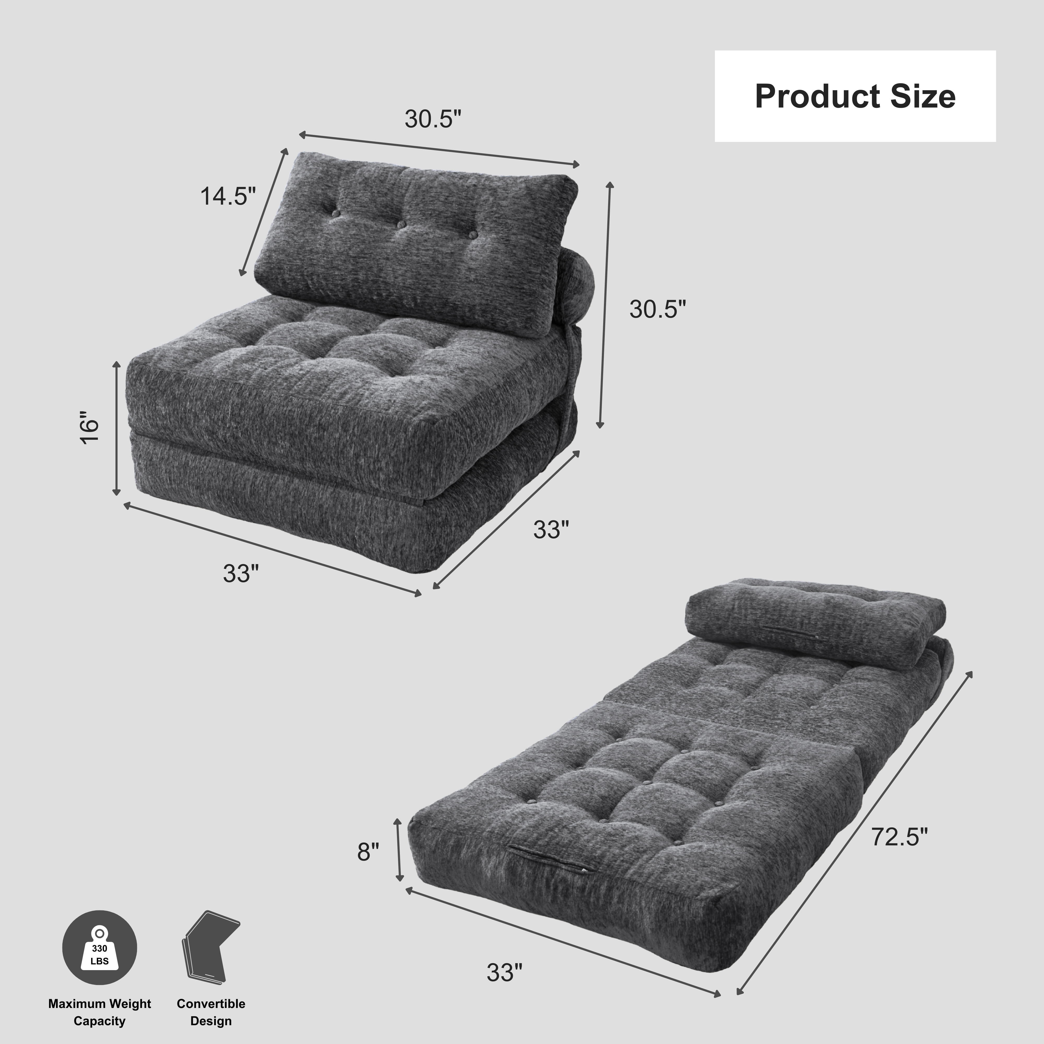 Oak and Birch Boneless Folding Sofa Bed, Convertible Floor Futon Chaise Lounge & Sleeper Bed, Shredded Foam Floor Couch for Living Room, Bedroom, Kids Room, Apartment, Chenille, Dark Gray