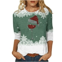 Patlollav Womens Plus Size Christmas Tops,Ladies Round Neck Three Quarter Sleeve Tops S-3Xl Gift