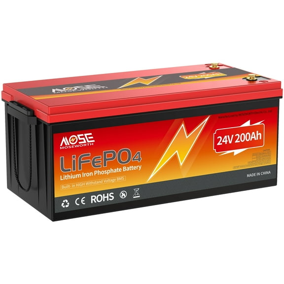 24V 200Ah LiFePO4 Lithium Battery, for Trolling Motor Solar Home System,RV,Camper,Marine,10-Year Lifespan 5,120W Load Power 5KWh Energy Deep Cycle Lithium Ion Battery