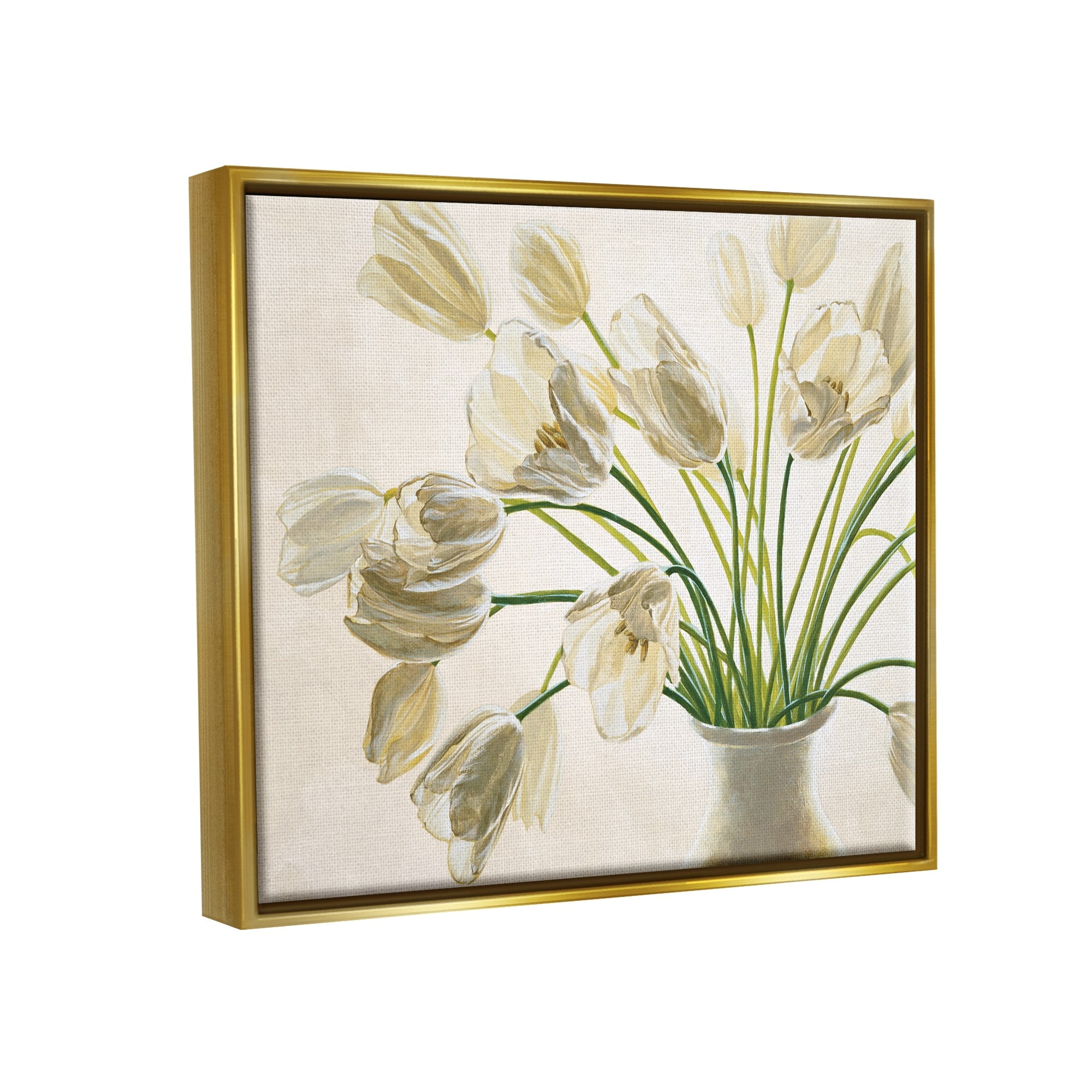 Stupell Industries Tranquil White Tulip Bouquet in Country Vase Metallic Gold Framed Floating Canvas Wall Art, 16x20, by Eva Barberini
