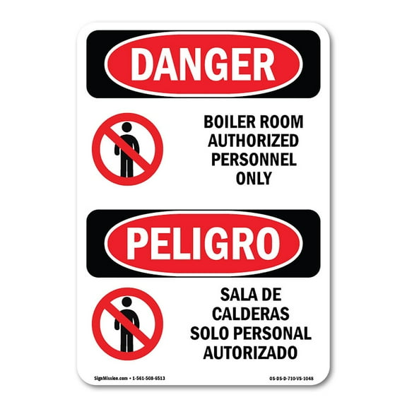 OSHA Danger Sign - Boiler Room Bilingual | Plastic Sign | Protect Your Business, Construction Site, Warehouse & Shop Area |  Made in The USA