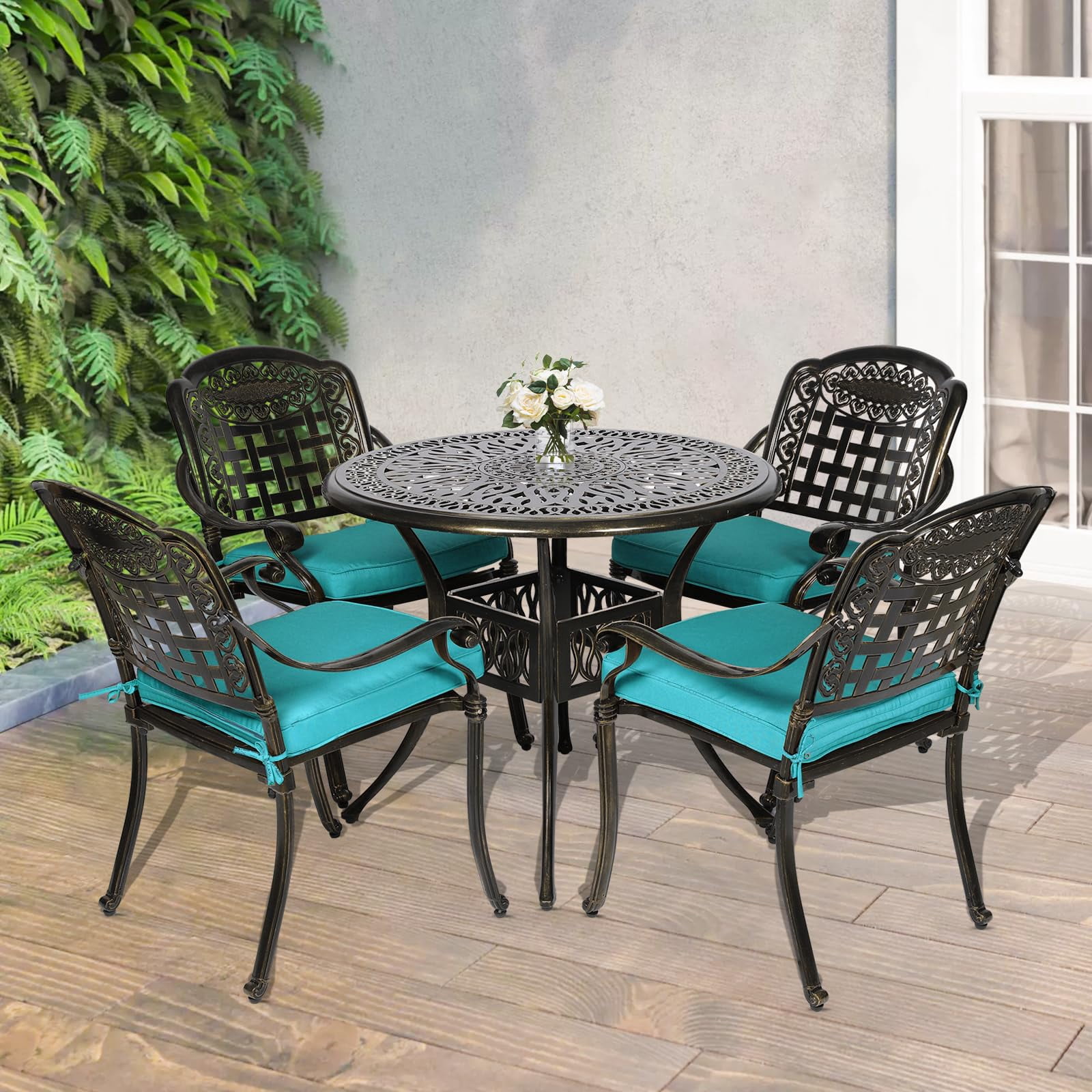 MEETWARM 5 Piece Patio Dining Set, Outdoor All-Weather Cast Aluminum Dining Table Set, Patio Furniture Set for Backyard, Include 4 Chairs with Cushions and a 35.4" Round Table, Ocean Blue