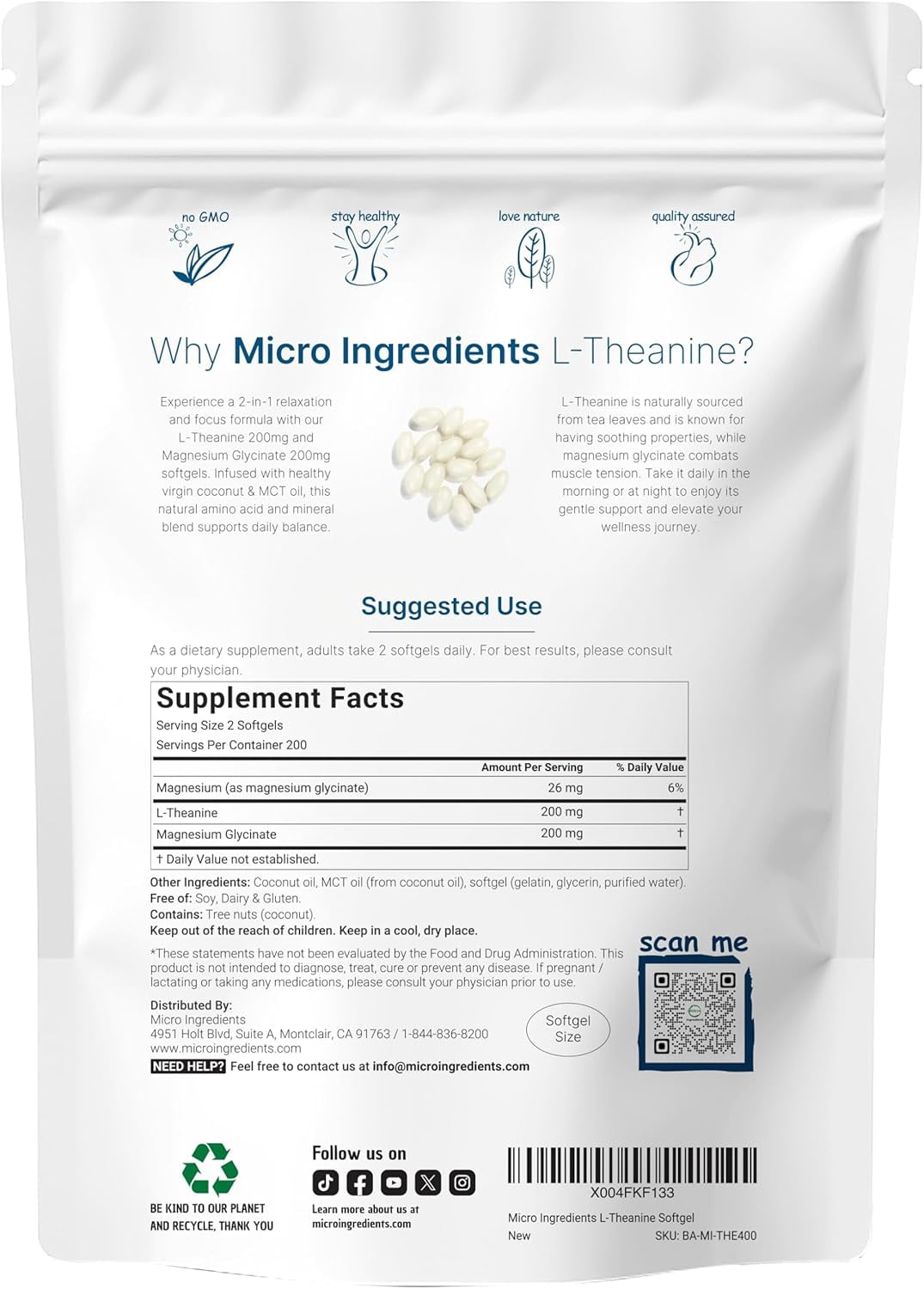 Micro Ingredients L-Theanine 200mg with Magnesium Glycinate, 400 Coconut MCT Oil Softgels | 2-in-1 Amino Acid & Mineral Complex, Relaxation, Focus & Muscle Support
