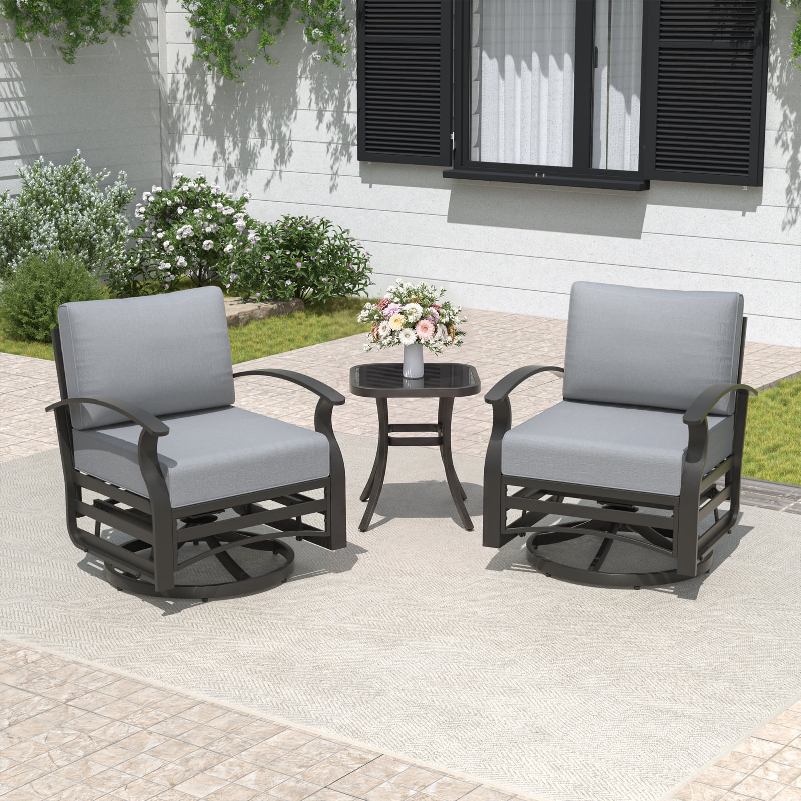 ALAULM 3 Pieces Patio Furniture Set, 2 Aluminum Outdoor Swivel Rocking Chairs with 5.1" Padded Removable Cushions & 1 Tempered Glass Coffee Table for Backyard Lawn Porch, Gray
