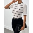 thumbnail image 5 of Women's Wool Blend Striped Rib Knit Half-Sleeve Pullover - Classic French Style Mock Neck Sweater, 5 of 6