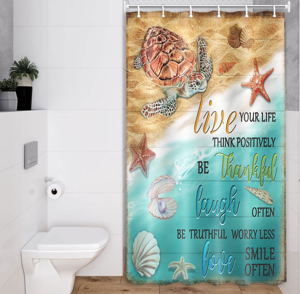 Beach Shower Curtain, Sea Turtle Shower Curtain Set with Hooks, Coastal Ocean Nautical Rustic Vintage Fabric Bathroom Curtains, 36X72 Inches