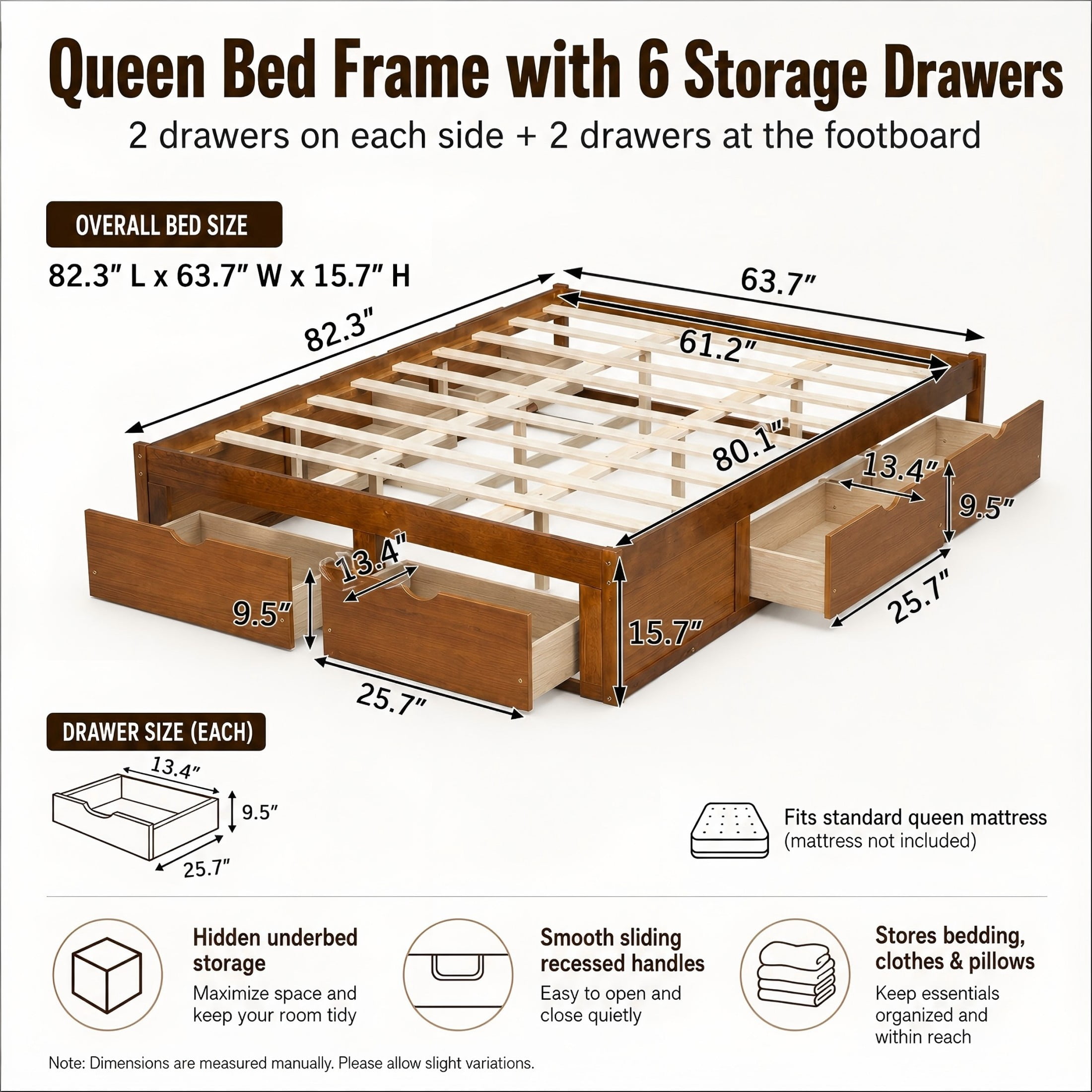 Aukfa Queen Size Bed Frame with 6 Storage Drawers, Farmhouse Captain Platform Bed, Walnut