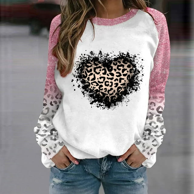 Qertyioot T-Shirt Graphique de la Saint-Valentin pour Femmes à Manches Longues, Blouse Imprimée Col Rond Tunique Décontractée