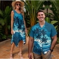 thumbnail image 2 of Garronmavis Couple Outfits Matching Sets Blue Palm Tree Mens Button Down Shirt Beach Tops and Polyester Women's Tank Dress Irregular Hem Midi Sundress with Pocket, 2 of 7
