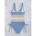 thumbnail image 4 of Women Tummy Control Swimsuits Color Block Two Piece Drawstring Bathing Suit Gray Blue M, 4 of 7