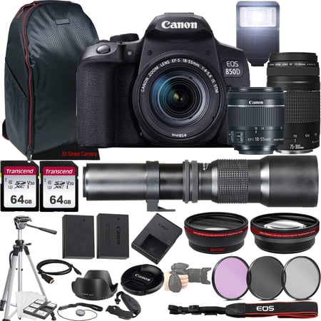 Canon EOS 850D (Rebel T8i) DSLR Camera w/EF-S 18-55mm F/4-5.6 IS STM Lens + EF 75-300mm f/4-5.6 III Lens + 500mm f/8 Focus Lens + 2X 64GB Memory + Case + Filters + Tripod + More (35pc Bundle)