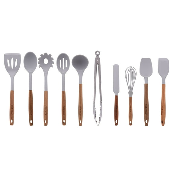 The Pioneer Woman10-Piece Silicone and Acacia Wood Handle Kitchen Cooking Utensils Set, Gray