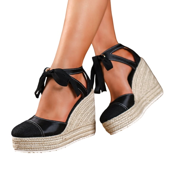 Rokment Women's Vintage Espadrilles Platform Wedges Dress Sandals Retro Fashion Casual Linen Satin Patchwork Closed Toe Lace up Chunky Extra High Heels Dressy Shoes Spring Summer Black Size 6