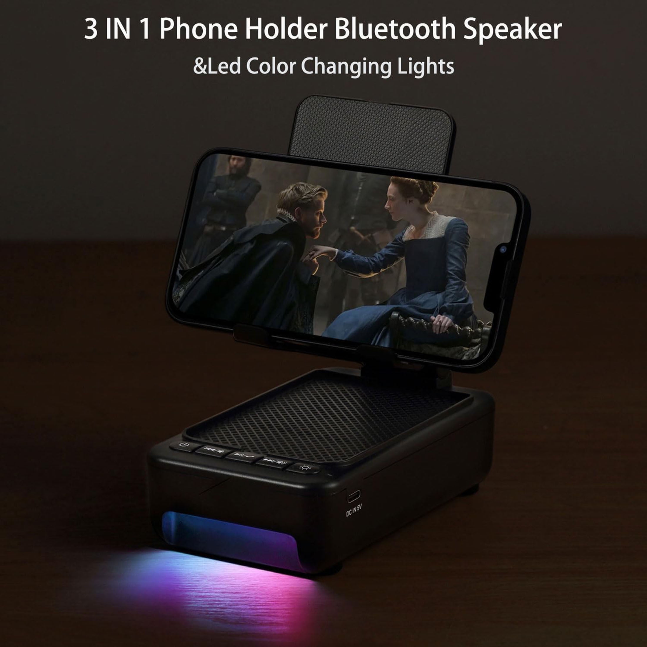 Portable Phone Stand with Speaker Bluetooth, Foldable Cellphone Stand with Led Color Changing Light, Angle Adjustable Cell Phone Holder with HD Stereo Sound Fits Phones,Tablet (Black)
