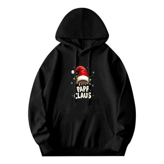 Men's Long Sleeve Hoodie Pullover Sweatshirt with Pockets - Festive ' PAPER CLAUS ' Design with Santa Hat and Colorful Lights
