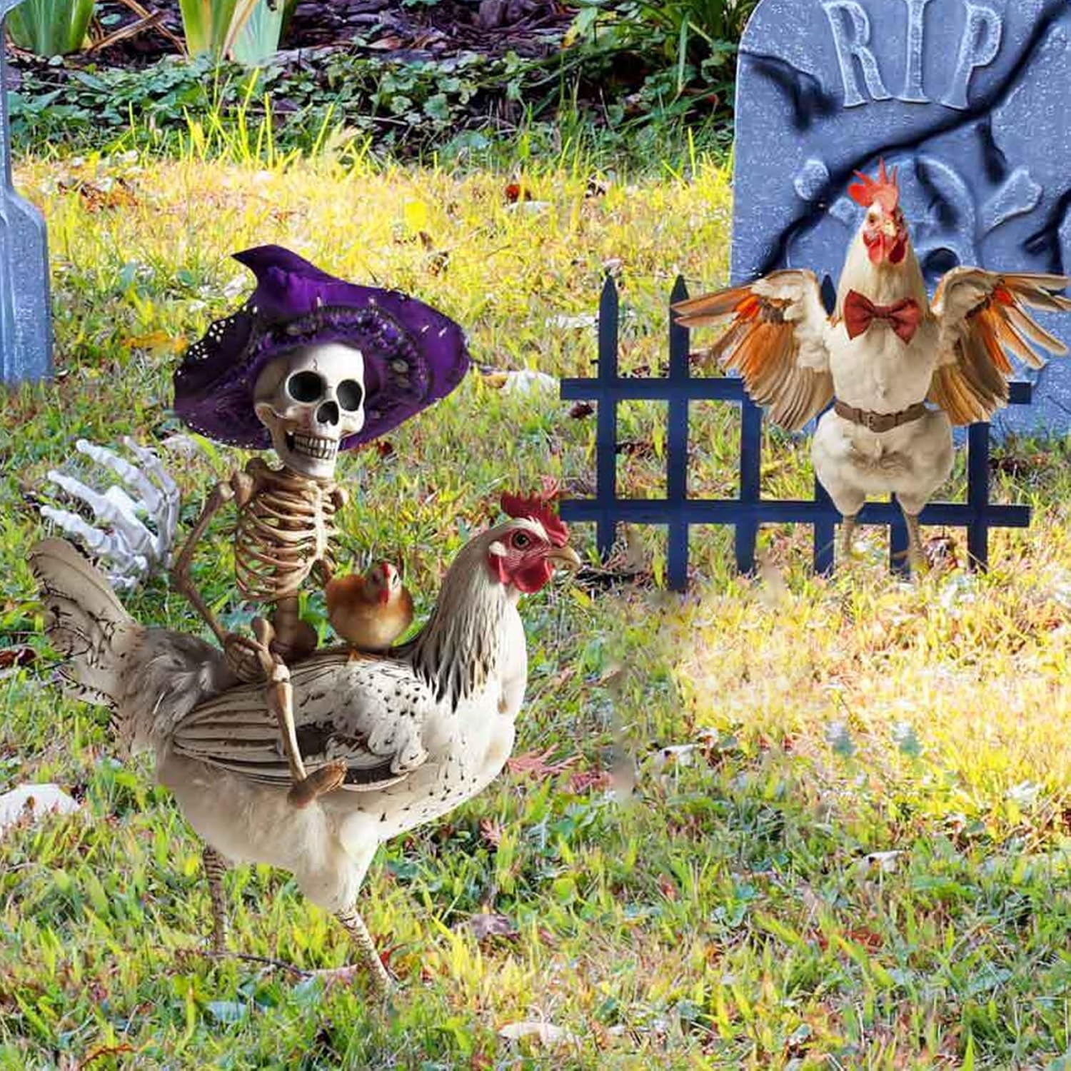 2-Piece Metal Chicken Skeleton Halloween Decor – 2D Rooster Yard Art with Stakes, Realistic Farm Animal Ornament for Outdoor Garden, Lawn, and Yard Display