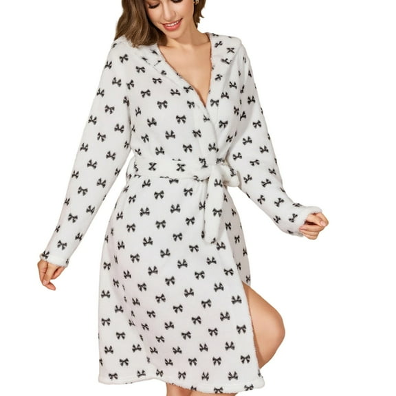 Sunvit-Panties Pajamas Womens Black Plush Hooded Robe - 100% Polyester Bow Print Mid-Length, Cozy Loungewear for Home/Post-Bath | Walmart,Size M