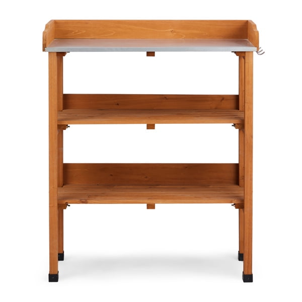 Outdoor Garden Potting Bench Table, Wooden Horticulture Planting Worstation with Metal Tabletop, 2 Storage Shelves, 3 Hooks
