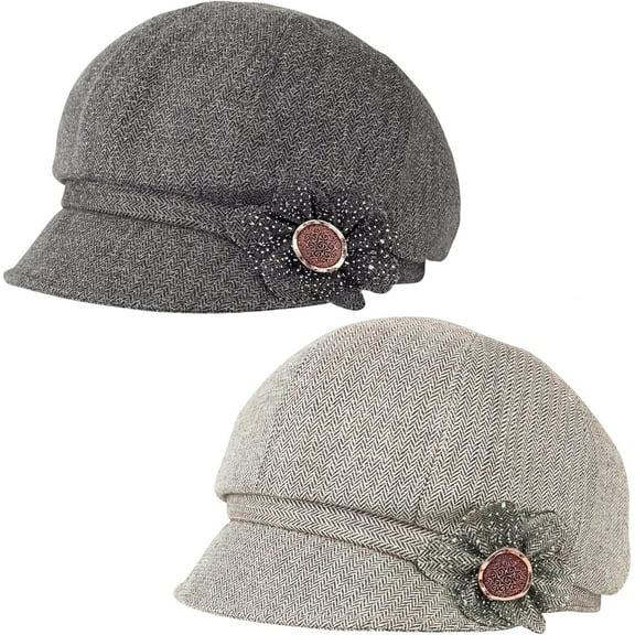 2 Pcs Womens Newsboy Cap Women Retro Classic Visor Newsboy Cabbie Cap Beret Hats with Flower Buckle