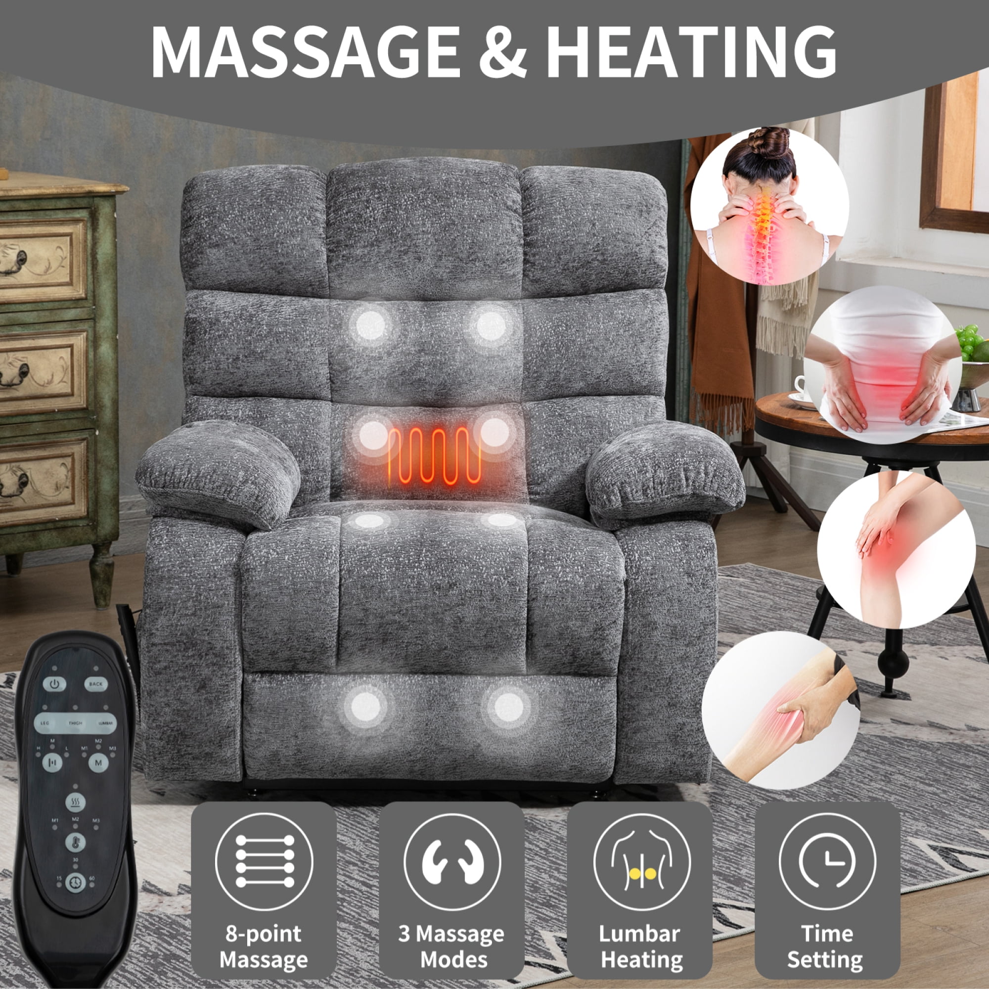 Leumius Large Power Lift Recliner Chair for Elderly,Heavy Duty Chenille Recliners with Massage and Heating for Living Room,Gray