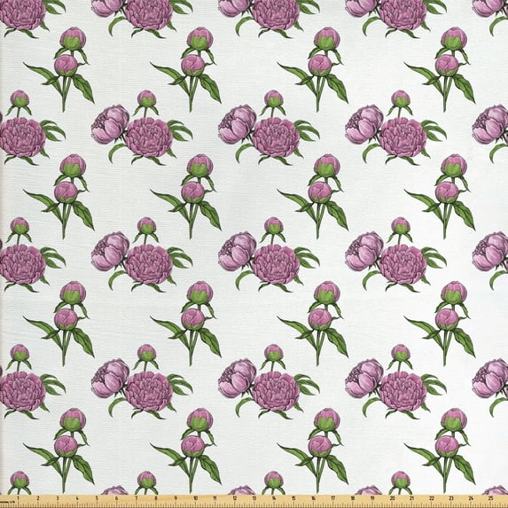 Floral Fabric by the Yard, Rhythmic Romantic Blooming Peony Buds on Plain Background, Decorative Upholstery Fabric for Chairs & Home Accents, Pale Pink Fern Green by Ambesonne