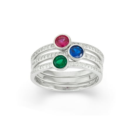 Simulated Emerald, Created Blue Sapphire and Created Ruby Round-Cut 3-Piece Sterling Silver Stackable Ring (Best Team On Emerald)
