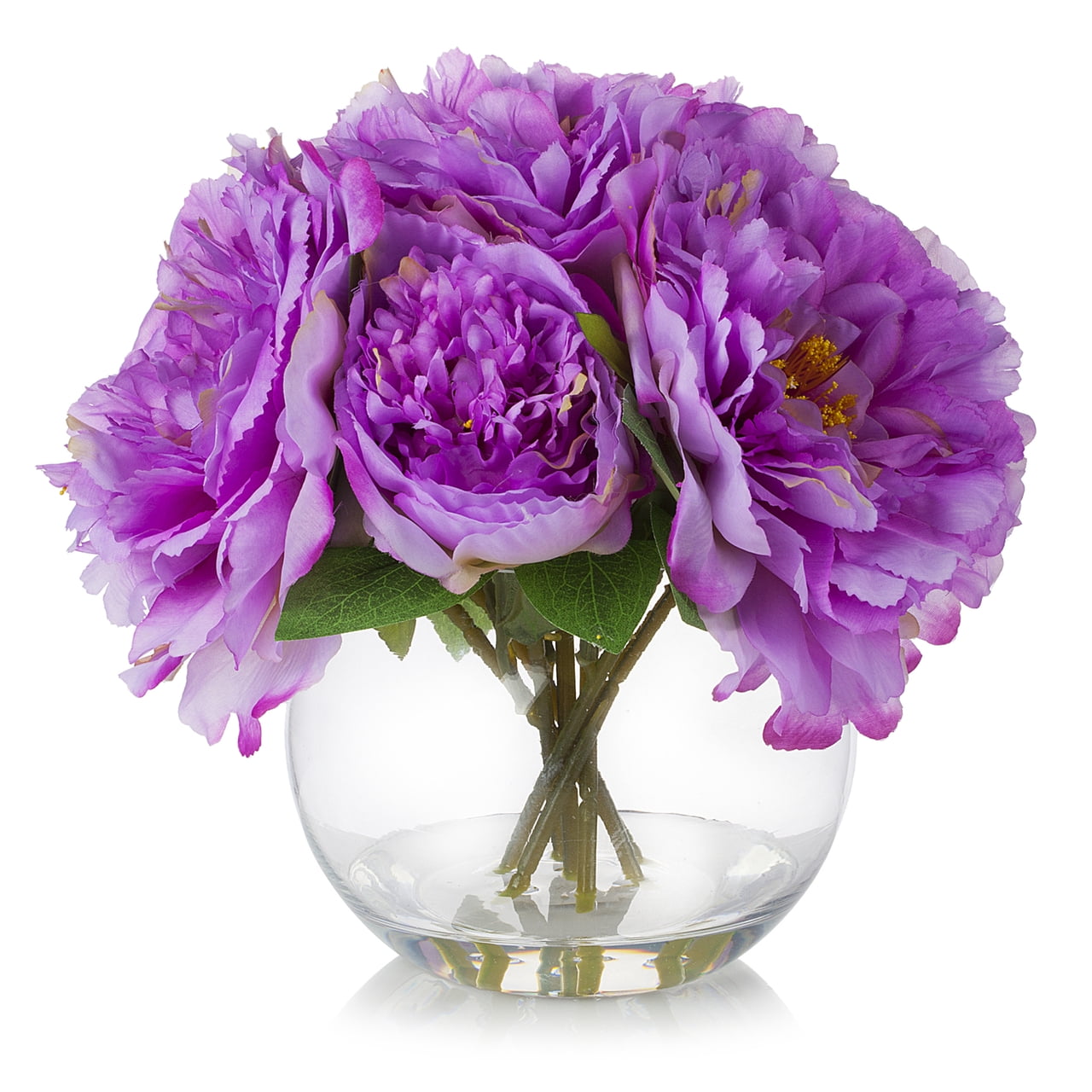 Enova Home Artificial Silk Peony Fake Flower Arrangement in Round Glass