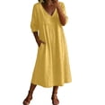 thumbnail image 2 of FDGIU Women's V Neck 3/4 Sleeve High Waist Gathered Pocket Loose Flowy Linen Midi Dress, Boho Beach Vacation Casual Home Lounge Swing Long Dresses, 2 of 6