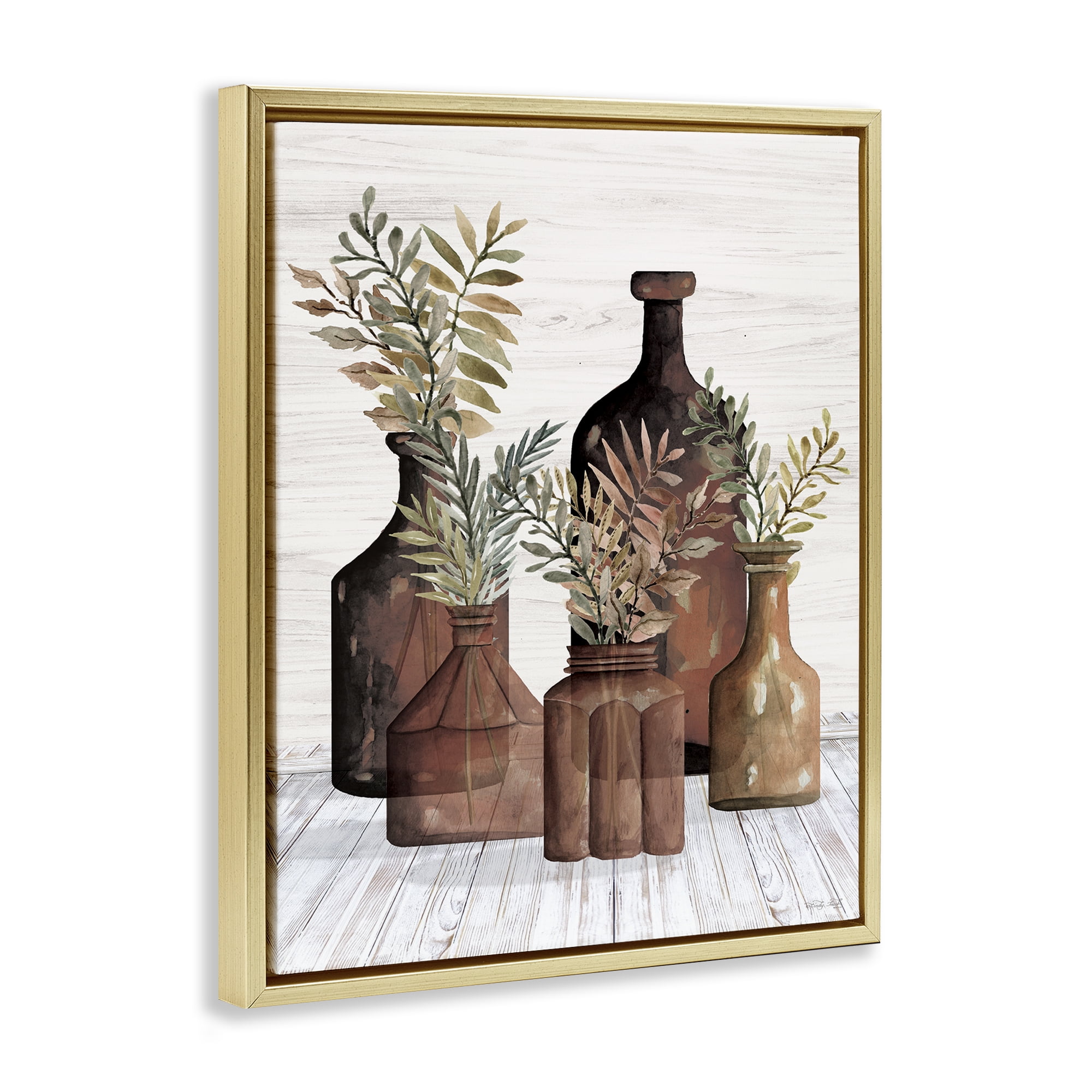 Stupell Industries Brown Pottery Botanicals Plants & Flowers Painting Gold Floater Framed Canvas Art Print Wall Art, 17 x 21