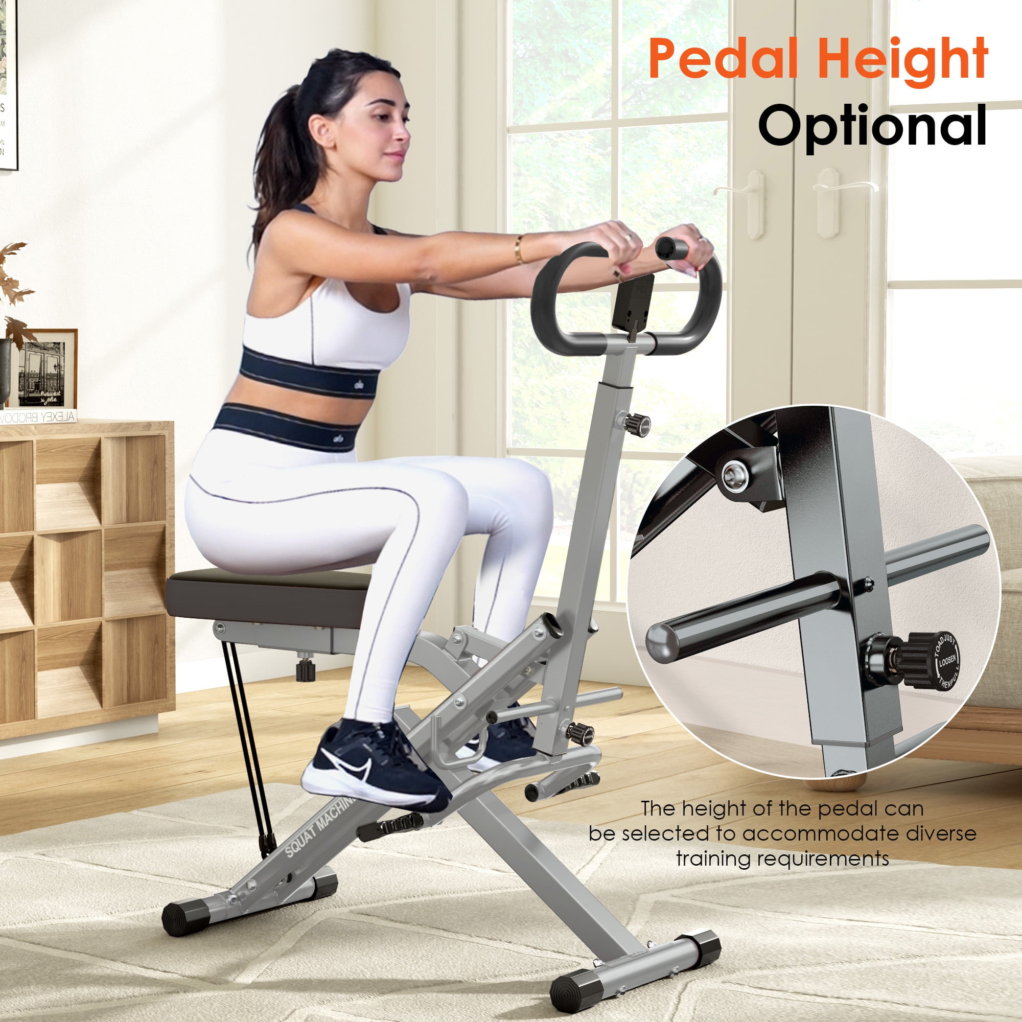 Soges Squat Machine for Home Gym, Foldable Squat Assist Trainer for Glutes Workout, Squat Rowing Machine with Adjustable Resistance and Optional Full Motion, Squat machine for Women, Black & Silver
