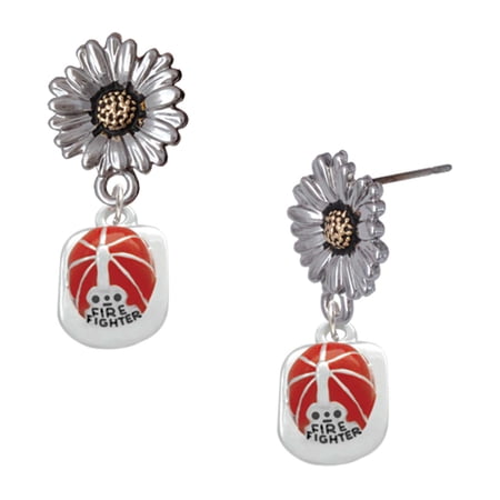 Delight Jewelry Silver-tone Red Enamel Firefighter Helmet – Two-tone Daisy Flower Post Earrings