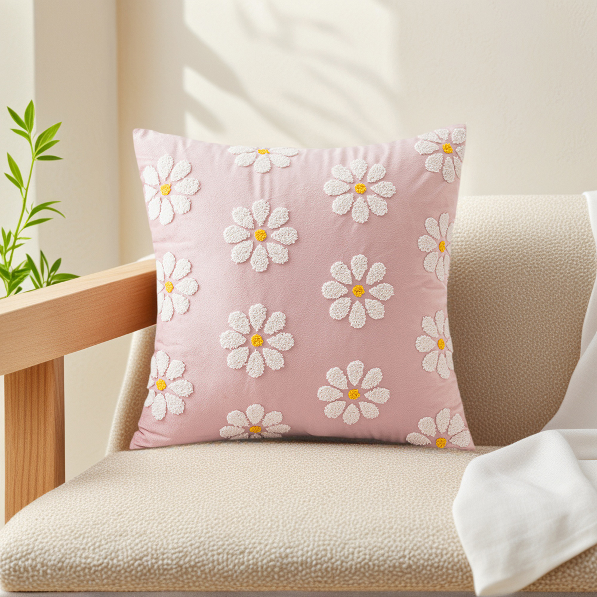 Unique Bargains Velvet Daisy Embroidery Pillow Covers Set of 2 Pink 18" x 18"