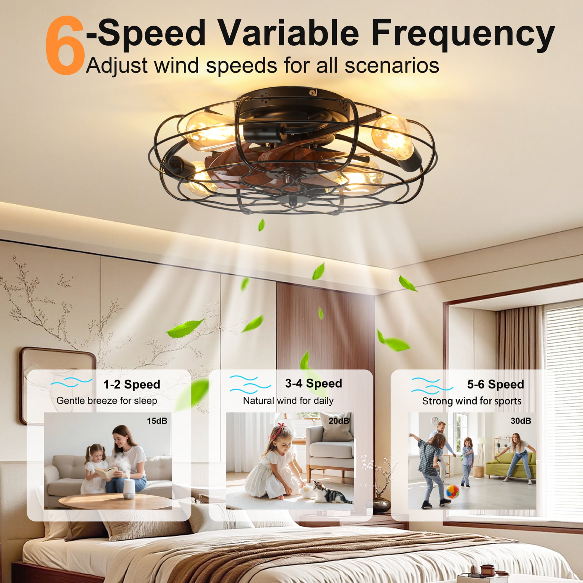Leumius 19.7" Industrial Caged Ceiling Fan with Light, 6-Speed Reversible DC Motor, E26 Bulb Base, Remote Control, Timer, Low Noise, Farmhouse Decor for Bedroom Living Room Kitchen