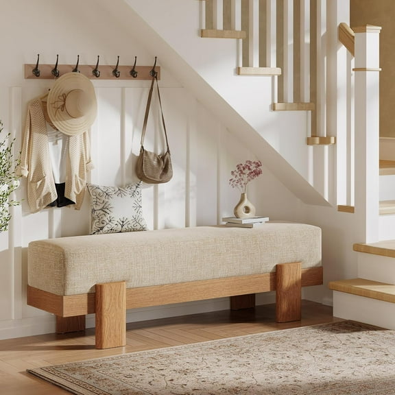 Tribesigns Upholstered Entryway Bench, 55-Inch Modern Shoe Bench with Fabric Padded Seat and MDF Frame for Bedroom, Entrance, Living Room, Beige & Oak