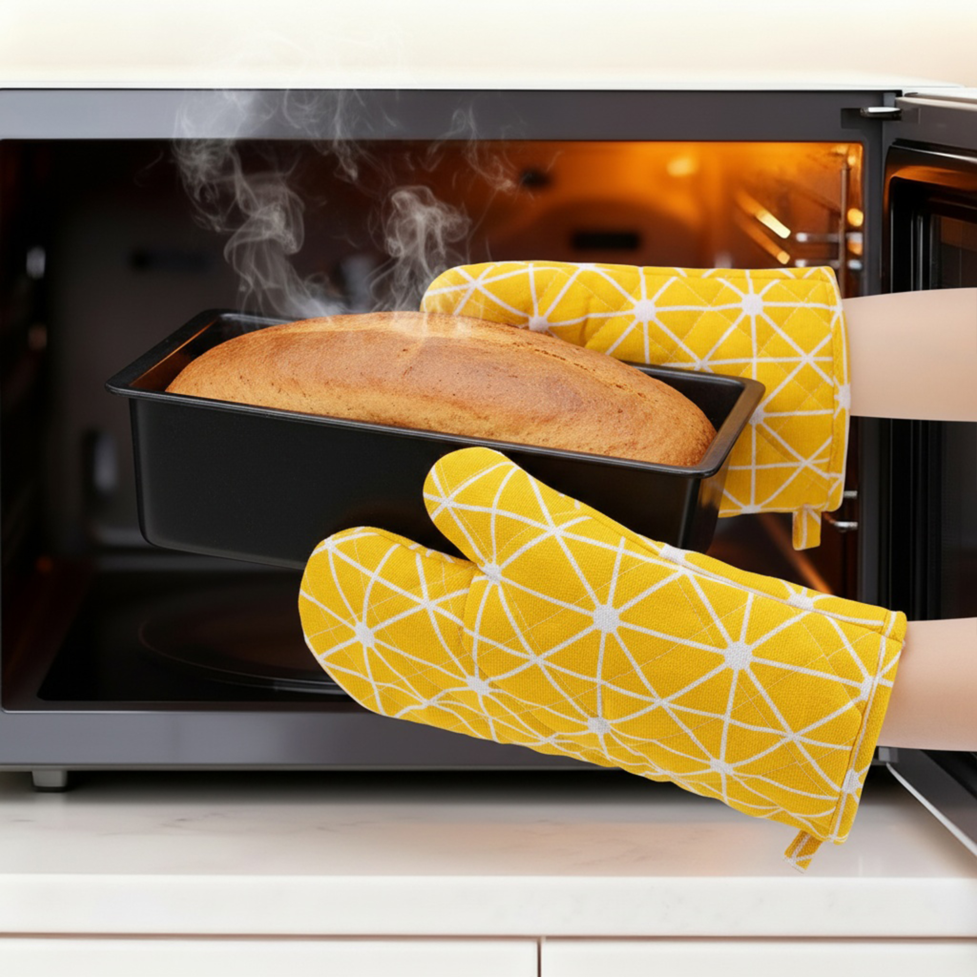 Unique Bargains Heat Resistant Oven Mitts and Pot Holders Sets 4 Pcs Yellow 10.6x6.7 Inch