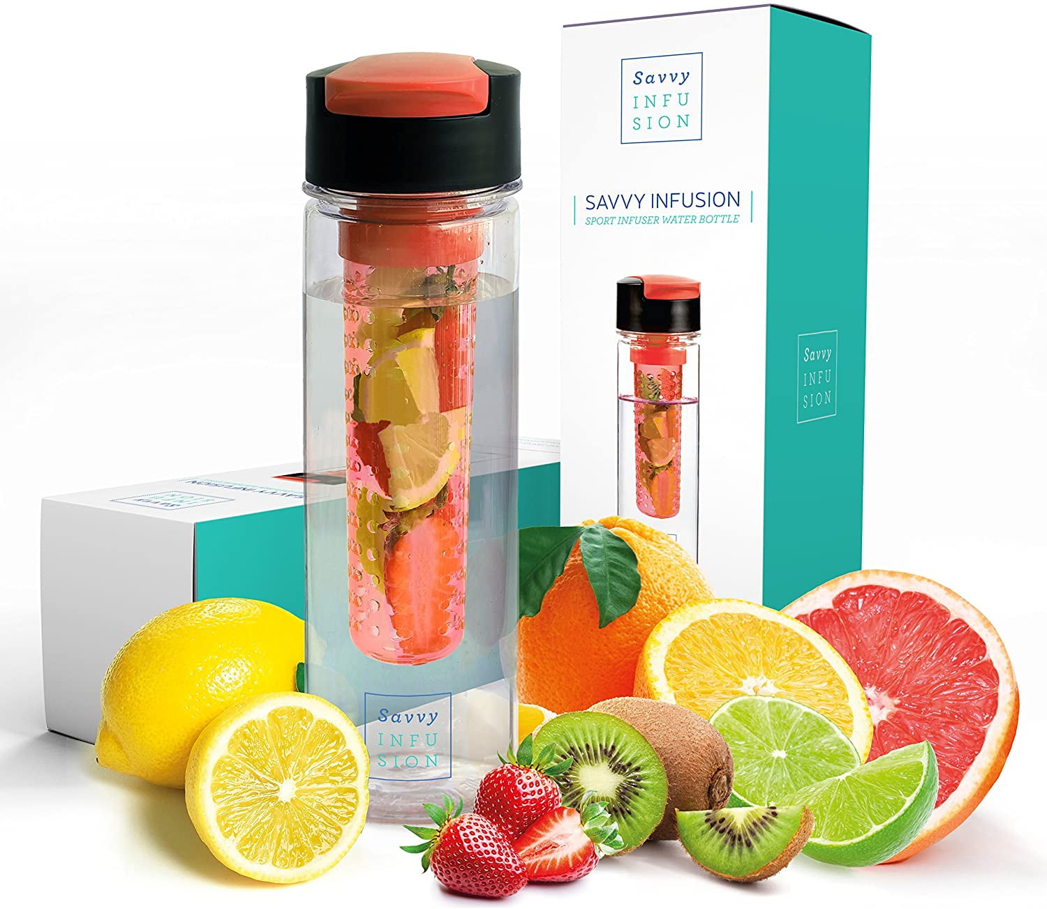 Ultimate Healthy Hydration Gift! Insulating Sleeve & Infusion Recipe eBook NEW Improved Unique Bottom Loading Fruit Infuser Water Bottle Complete Bundle Includes Bottle Brush Leak Proof Sweat Proof 